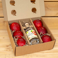 Apfel-Geschenkbox mit 6 Motiväpfeln und Obstgetränk in 9er APB