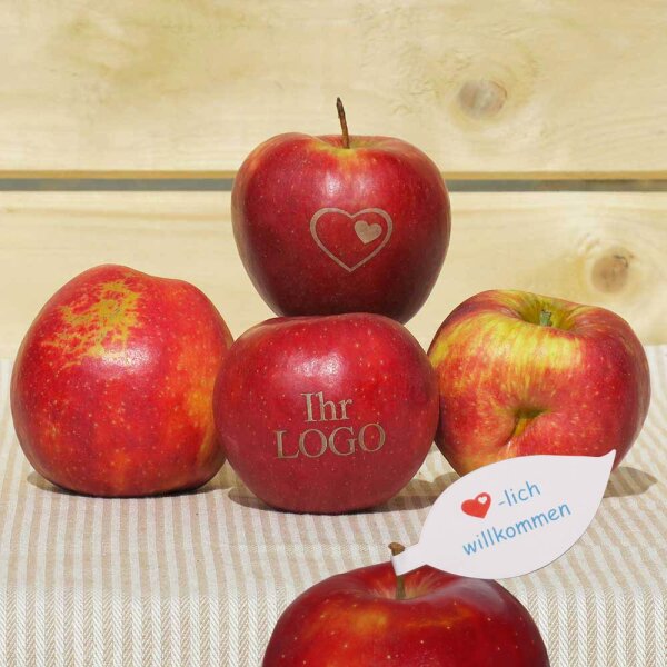 LOGO-Apfel / rot / krumme Äpfel mittelgroß / Blatt indiv. Druck farbig