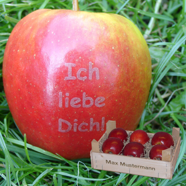 Liebesapfel rot / Ich liebe Dich! / 6 Äpfel Holzkiste / Kiste mit Namen