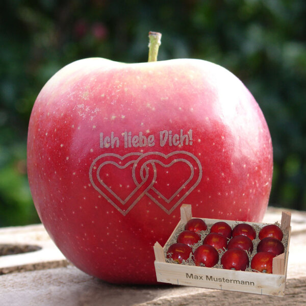 Liebesapfel rot / Ich liebe Dich mit 2 Herzen / 12 Äpfel Holzkiste / Kiste mit Namen