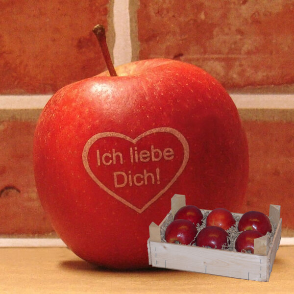 Liebesapfel rot / Ich liebe Dich! im Herz / 6 Äpfel Holzkiste / Kiste ohne Branding