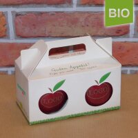 Box mit 2 roten Bio-Äpfeln / Box indiv. Druck 4c / Äpfel mit 1 Logomotiv