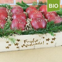 12 rote Logo-Äpfel mit Kiste Frohe Weihnacht